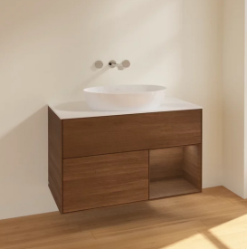 Тумба под раковину Villeroy & Boch Finion 100х50,1 см с подсветкой МДФ шпон грецкого ореха/стекло белое матовое FA21GNGN