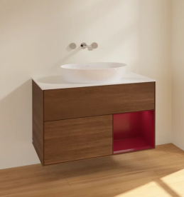 Тумба под раковину Villeroy & Boch Finion 100х50,1 см с подсветкой МДФ шпон грецкого ореха/стекло белое матовое FA21HBGN