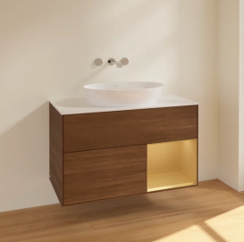 Тумба под раковину Villeroy & Boch Finion 100х50,1 см с подсветкой МДФ шпон грецкого ореха/стекло белое матовое FA21HFGN