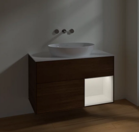 Тумба под раковину Villeroy & Boch Finion 100х50,1 см с подсветкой МДФ шпон грецкого ореха/стекло белое матовое FA21MTGN