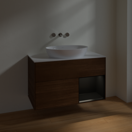 Тумба под раковину Villeroy & Boch Finion 100х50,1 см с подсветкой МДФ шпон грецкого ореха/стекло белое матовое FA21PDGN