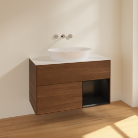 Тумба под раковину Villeroy & Boch Finion 100х50,1 см с подсветкой МДФ шпон грецкого ореха/стекло белое матовое FA21PDGN