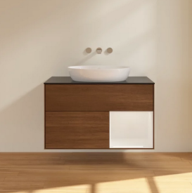 Тумба под раковину Villeroy & Boch Finion 100х50,1 см с подсветкой МДФ шпон грецкого ореха/стекло черное матовое FA22GFGN