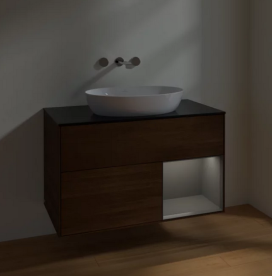 Тумба под раковину Villeroy & Boch Finion 100х50,1 см с подсветкой МДФ шпон грецкого ореха/стекло черное матовое FA22GKGN