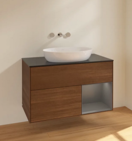 Тумба под раковину Villeroy & Boch Finion 100х50,1 см с подсветкой МДФ шпон грецкого ореха/стекло черное матовое FA22GKGN