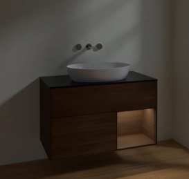 Тумба под раковину Villeroy & Boch Finion 100х50,1 см с подсветкой МДФ шпон грецкого ореха/стекло черное матовое FA22GNGN