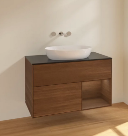 Тумба под раковину Villeroy & Boch Finion 100х50,1 см с подсветкой МДФ шпон грецкого ореха/стекло черное матовое FA22GNGN