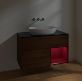 Тумба под раковину Villeroy & Boch Finion 100х50,1 см с подсветкой МДФ шпон грецкого ореха/стекло черное матовое FA22HBGN