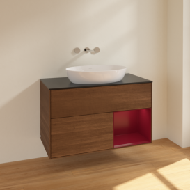 Тумба под раковину Villeroy & Boch Finion 100х50,1 см с подсветкой МДФ шпон грецкого ореха/стекло черное матовое FA22HBGN