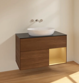 Тумба под раковину Villeroy & Boch Finion 100х50,1 см с подсветкой МДФ шпон грецкого ореха/стекло черное матовое FA22HFGN