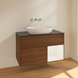 Тумба под раковину Villeroy & Boch Finion 100х50,1 см с подсветкой МДФ шпон грецкого ореха/стекло черное матовое FA22MTGN