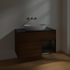 Тумба под раковину Villeroy & Boch Finion 100х50,1 см с подсветкой МДФ шпон грецкого ореха/стекло черное матовое FA22PDGN