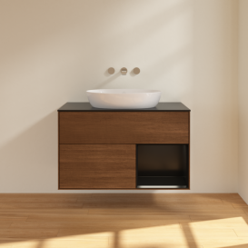 Тумба під раковину Villeroy & Boch Finion 100х50,1 см з підсвічуванням МДФ шпон волоського горіха/скло чорне матове FA22PDGN