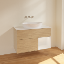 Тумба под раковину Villeroy & Boch Finion 100х50,1 см с подсветкой МДФ шпон дуба/стекло белое матовое FA21GFPC