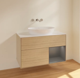 Тумба под раковину Villeroy & Boch Finion 100х50,1 см с подсветкой МДФ шпон дуба/стекло белое матовое FA21GKPC