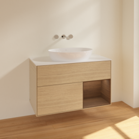 Тумба под раковину Villeroy & Boch Finion 100х50,1 см с подсветкой МДФ шпон дуба/стекло белое матовое FA21GNPC