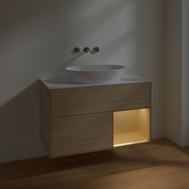 Тумба под раковину Villeroy & Boch Finion 100х50,1 см с подсветкой МДФ шпон дуба/стекло белое матовое FA21HFPC