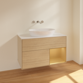 Тумба под раковину Villeroy & Boch Finion 100х50,1 см с подсветкой МДФ шпон дуба/стекло белое матовое FA21HFPC