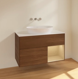 Тумба під раковину Villeroy & Boch Finion 100х50,1 см із підсвічуванням МДФ шпон волоського горіха/скло біле матове FA21PCGN