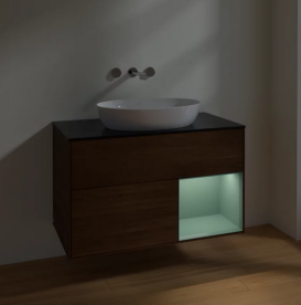 Тумба под раковину Villeroy & Boch Finion 100х50,1 см с подсветкой МДФ шпон грецкого ореха/стекло черное матовое FA22GMGN