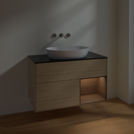 Тумба под раковину Villeroy & Boch Finion 100х50,1 см с подсветкой МДФ шпон дуба/стекло черное матовое FA22GNPC