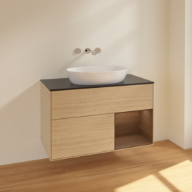 Тумба под раковину Villeroy & Boch Finion 100х50,1 см с подсветкой МДФ шпон дуба/стекло черное матовое FA22GNPC