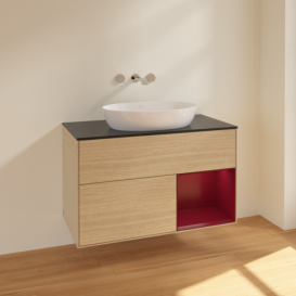 Тумба под раковину Villeroy & Boch Finion 100х50,1 см с подсветкой МДФ шпон дуба/стекло черное матовое FA22HBPC