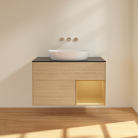 Тумба под раковину Villeroy & Boch Finion 100х50,1 см с подсветкой МДФ шпон дуба/стекло черное матовое FA22HFPC