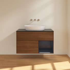 Тумба под раковину Villeroy & Boch Finion 100х50,1 см с подсветкой МДФ шпон грецкого ореха/стекло черное матовое FA22HGGN