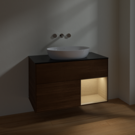 Тумба под раковину Villeroy & Boch Finion 100х50,1 см с подсветкой МДФ шпон грецкого ореха/стекло черное матовое FA22PCGN