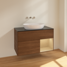 Тумба под раковину Villeroy & Boch Finion 100х50,1 см с подсветкой МДФ шпон грецкого ореха/стекло черное матовое FA22PCGN