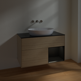 Тумба под раковину Villeroy & Boch Finion 100х50,1 см с подсветкой МДФ шпон дуба/стекло черное матовое FA22PDPC