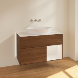 Тумба под раковину Villeroy & Boch Finion 100х50,1 см с подсветкой МДФ шпон грецкого ореха/стекло белое матовое GA21GFGN