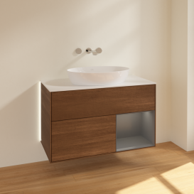 Тумба под раковину Villeroy & Boch Finion 100х50,1 см с подсветкой МДФ шпон грецкого ореха/стекло белое матовое GA21GKGN