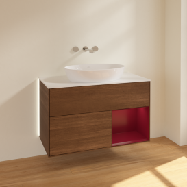 Тумба под раковину Villeroy & Boch Finion 100х50,1 см с подсветкой МДФ шпон грецкого ореха/стекло белое матовое GA21HBGN