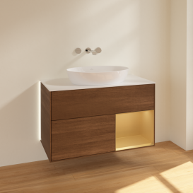 Тумба под раковину Villeroy & Boch Finion 100х50,1 см с подсветкой МДФ шпон грецкого ореха/стекло белое матовое GA21HFGN