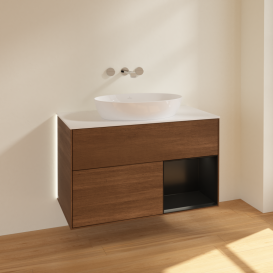 Тумба под раковину Villeroy & Boch Finion 100х50,1 см с подсветкой МДФ шпон грецкого ореха/стекло белое матовое GA21PDGN