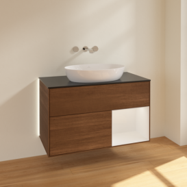 Тумба под раковину Villeroy & Boch Finion 100х50,1 см с подсветкой МДФ шпон грецкого ореха/стекло черное матовое GA22GFGN