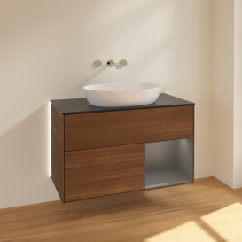 Тумба под раковину Villeroy & Boch Finion 100х50,1 см с подсветкой МДФ шпон грецкого ореха/стекло черное матовое GA22GKGN