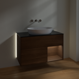 Тумба под раковину Villeroy & Boch Finion 100х50,1 см с подсветкой МДФ шпон грецкого ореха/стекло черное матовое GA22GNGN