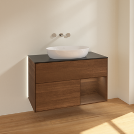 Тумба под раковину Villeroy & Boch Finion 100х50,1 см с подсветкой МДФ шпон грецкого ореха/стекло черное матовое GA22GNGN