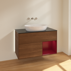 Тумба под раковину Villeroy & Boch Finion 100х50,1 см с подсветкой МДФ шпон грецкого ореха/стекло черное матовое GA22HBGN