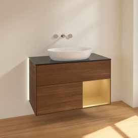 Тумба под раковину Villeroy & Boch Finion 100х50,1 см с подсветкой МДФ шпон грецкого ореха/стекло черное матовое GA22HFGN