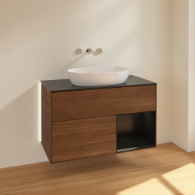 Тумба под раковину Villeroy & Boch Finion 100х50,1 см с подсветкой МДФ шпон грецкого ореха/стекло черное матовое GA22PDGN