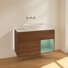 Тумба под раковину Villeroy & Boch Finion 100х50,1 см с подсветкой МДФ шпон грецкого ореха/стекло белое матовое GA21GMGN