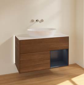 Тумба под раковину Villeroy & Boch Finion 100х50,1 см с подсветкой МДФ шпон грецкого ореха/стекло белое матовое GA21HGGN