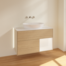 Тумба под раковину Villeroy & Boch Finion 100х50,1 см с подсветкой МДФ шпон дуба/стекло белое матовое GA21MTPC