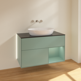 Тумба под раковину Villeroy & Boch Finion 100х50,1 см с подсветкой МДФ оливковый матовый лак/стекло черное матовое GA22GMGM