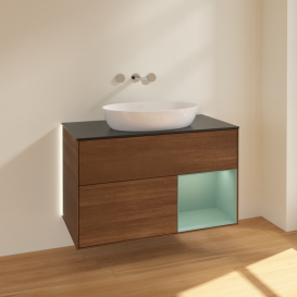 Тумба под раковину Villeroy & Boch Finion 100х50,1 см с подсветкой МДФ шпон грецкого ореха/стекло черное матовое GA22GMGN