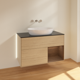 Тумба под раковину Villeroy & Boch Finion 100х50,1 см с подсветкой МДФ шпон дуба/стекло черное матовое GA22GNPC